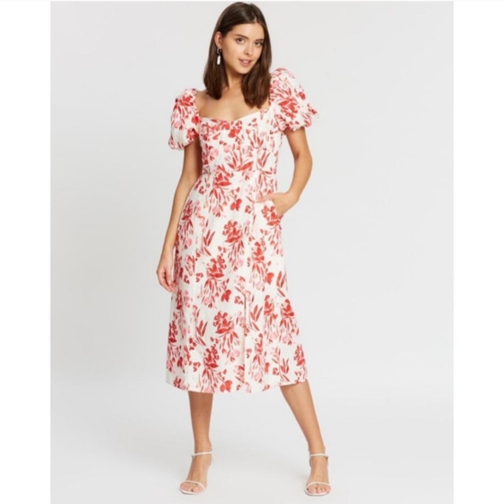 Banana Republic Linen-Cotton Puff Sleeve Floral Dress Red White Garden Party 8P